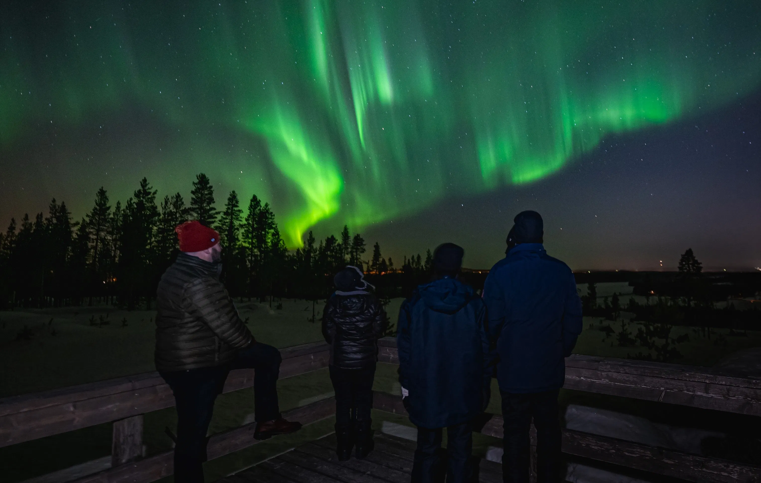 Watching the Northern Lights from a campfire on a reindeer pasture in Rovaniemi